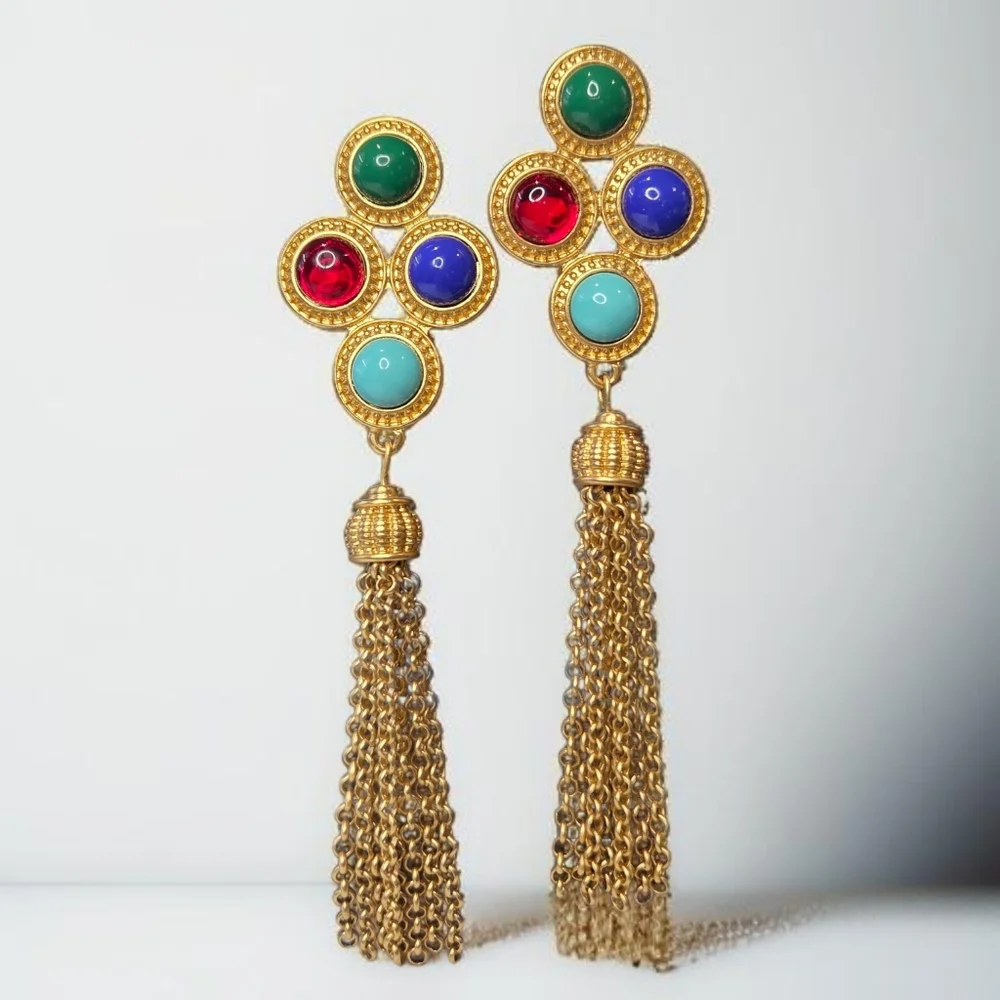 Etruscan Mogul Gold Glass Cabochon Long Chain Tassel Earrings